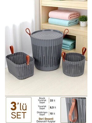 Maison Luré Flex 3'lü Banyo Seti, Deri Desenli Organizer ve Çamaşır Sepeti