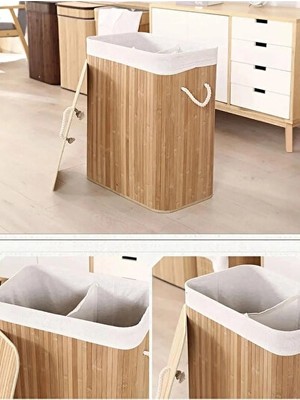 Maison Luré El Yapımı Bambu Çamaşır Sepeti, Naturel ve Çift Bölmeli Tasarım