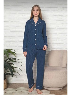 Alimer Kadın Mevsimlik Önden Düğmeli Gömlek Yaka Uzun Kol Likralı Rink Viskon Pijama Takımı 2888