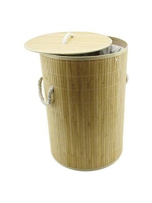 Maison Luré Yuvarlak Bambu Ahşap Çamaşır Sepeti, Bezli ve Ip Kulplu, Seyyar 35X60 cm