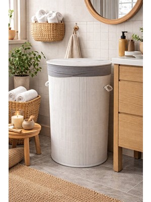 Maison Luré 50 Litre Kapaklı Bambu Kirli Çamaşır Sepeti, Ekose ve Beyaz Renk Seçeneği