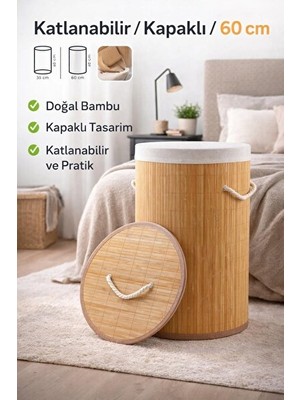 Maison Luré Katlanabilir Bambu Kapaklı Çamaşır Sepeti, Doğal ve Şık Tasarım