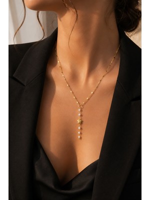 Adata Jewelry Çelik Altın Kaplama Ezme Zincir Inci Kelebek Kadın Y Kolye Gold Uzatma Zincirli