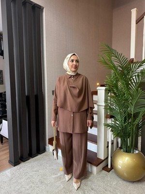 Esra Butik Modal Cupra Şal Detaylı Ikili Takım – Bej & Kahve | Şık ve Modern Tesettür Kombini