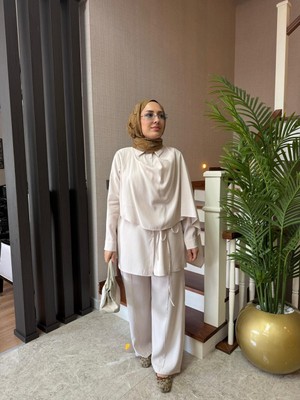 Esra Butik Modal Cupra Şal Detaylı Ikili Takım – Bej & Kahve | Şık ve Modern Tesettür Kombini
