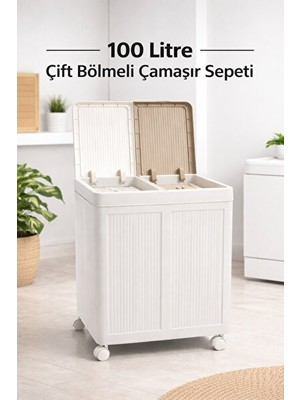 Maison Luré Iki Bölmeli Tekerlekli 100 Litre Çamaşır Sepeti, Katlanabilir ve Pratik