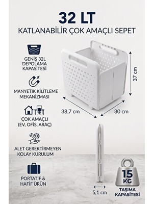 Vaelmont Manyetik Kilitli Katlanabilir Saklama Sepeti, 32 L, Beyaz, Yer Kaplamaz Çamaşır Sepeti