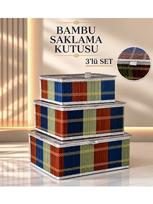 Vaelmont Ekose Desenli 3’lü Bambu Kapaklı Saklama Kutusu Seti Sepet