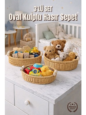 Maison Luré Ahşap Kulplu Hasır Sepet Seti - Çok Amaçlı ve Şık Düzenleyici