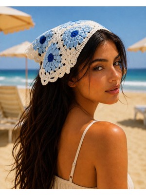 Aydın Şapkacınız Kadın Bağlamalı  Saç Filesi Bandana  Şapka – Çiçek Motifli Örme Yazlık Saç Aksesuarı