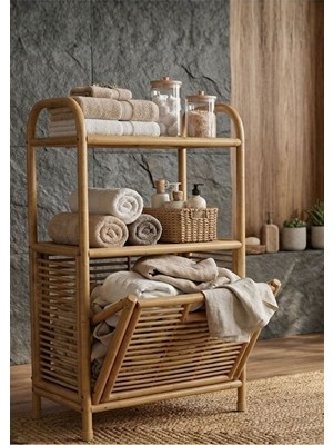 Maison Luré Doğal Hasır Banyo Rafı ve Kirli Sepet Seti, Şık ve Pratik Düzenleme