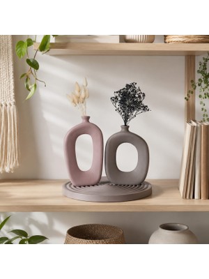Momiko Tasarım El Yapımı Modern Bohem Beton Vazo Seti | Dekoratif Kemerli Ikili Vazo & Yuvarlak Altlık Premium Seri