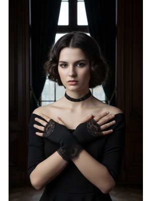 Siyah Dantel Parmaksız Eldiven ve Choker Seti -Gotik Aksesuar Kombini -Vintage Eldiven ve Boyunluk