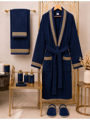 Ars Aras Home Textile %100 Pamuk Kadife Bornoz Seti 4 Parça - Greek Desen Lüks Hamam/çeyizlik Banyo Havlu ve Bornoz Takımı