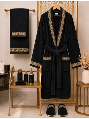 Ars Aras Home Textile %100 Pamuk Kadife Bornoz Seti 4 Parça - Greek Desen Lüks Hamam/çeyizlik Banyo Havlu ve Bornoz Takımı