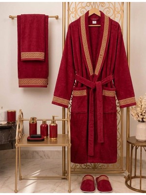 Ars Aras Home Textile %100 Pamuk Kadife Bornoz Seti 4 Parça - Greek Desen Lüks Hamam/çeyizlik Banyo Havlu ve Bornoz Takımı