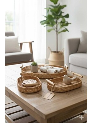 Vaelmont El Örgüsü Rattan Sunum ve Düzenleyici Set, Dekoratif ve Çok Amaçlı Sepet