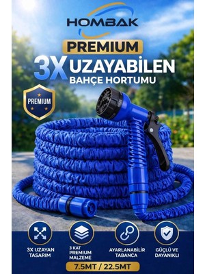 Ronanna Buğz 3x Uzayan Bahçe Hortumu 7.5-22.5 Metre Ayarlanabilir Tabancalı Premium Sulama Hortumu Mavi