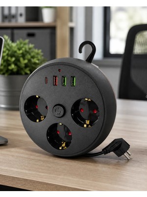 Elivora Akım Korumalı Çoklu Priz 3 Priz 3 USB 1 Type C 2 Metre Kablo Güvenli Şarj