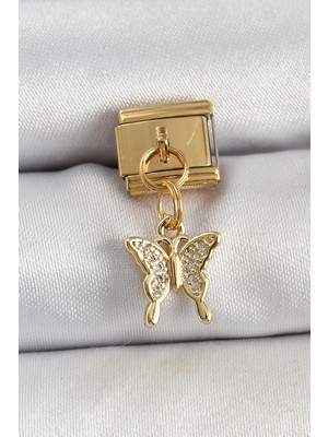 Ronanna Buğz 316L Çelik Sallantılı Zirkon Taşlı Kelebek Model Gold Renk Nomination Charm