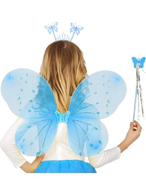 Ronanna Buğz Mavi Kelebek Erkek-Kız Seti – 50 cm Kelebek Kanadı, Taç ve Asa