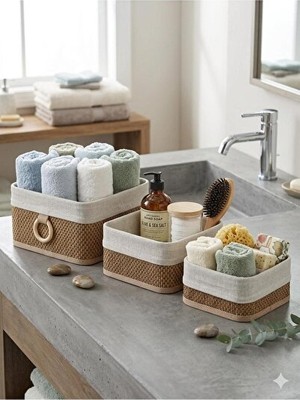 Vaelmont 3'lü Bambu Banyo Düzenleyici Seti - Kozmetik ve Havlu Organizeri Sepet