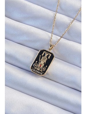 Ronanna Buğz 316L Çelik Zincir Altın Renk Siyah Mineli Tarot Kolye