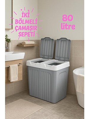 Vaelmont Gri Renkli 2 Bölmeli Çamaşır Sepeti, 80 Litre Kapasiteli ve Kullanışlı