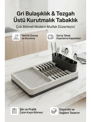 Ronanna Buğz Gri Bulaşıklık Tabaklık Bardaklık Kaşıklık Tezgah Üstü Mutfak Organizeri Standı