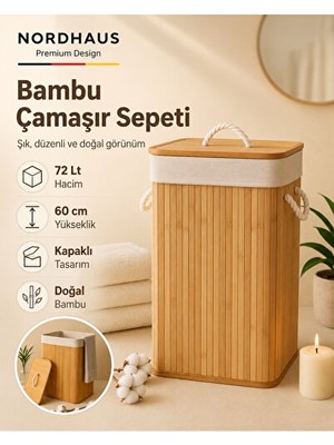 PremiumPort Orvessa Kapaklı Dikdörtgen Bambu Çamaşır Sepeti - Modern ve Dekoratif Kirli Sepeti