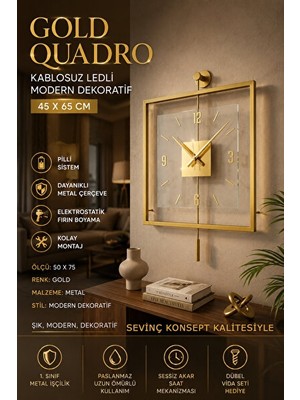 Orvessa Modern Kare Metal Duvar Saati, Şeffaf ve Sarkaçlı Tasarım