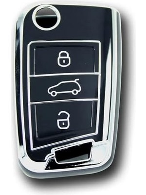 Autohan Keys Volkswagen Golf 7, Golf 7.5, Tiguan, Polo, T-Roc, T-Cross Için Lüks Nano Anahtar Koruma Kılıfı, Siyah ve Gümüş Renk