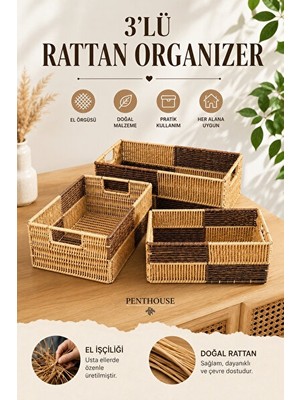 Orvessa El Yapımı 3'lü Rattan Organizer Kutu Seti, Banyo ve Ofis Düzenleyici Sepet