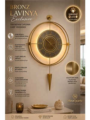 Orvessa Büyük Boy Bronz Aynalı Metal Duvar Saati Im 50X85CM