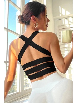 Vitaliselan Fashion Kadın Siyah Sırtı Çapraz Lastik Detaylı Crop Top Bluz