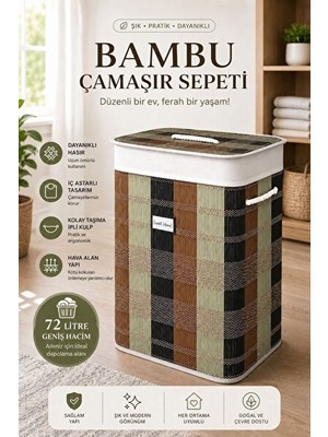 Orvessa Bambu Kapaklı Hasır Çamaşır Sepeti, 72 Litre, Şık ve Fonksiyonel Tasarım