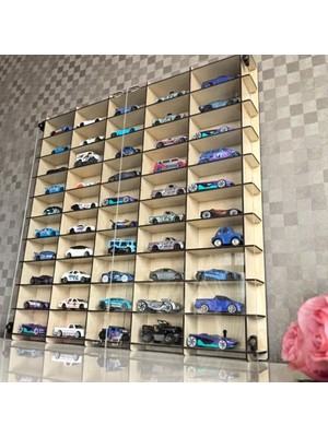 Aesco Pleksi Kapaklı 1/64 Ölçek 50ARAÇ Hotwheels Matchbox Metal Araç Uyumlu Model Oyuncak Araba Rafı-Akçaağaç
