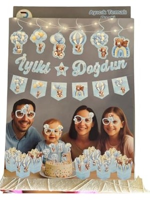 Aesco Jl Ayıcık Temalı Doğum Günü Parti Seti, Mavi, 29 Parçalı, Banner, Tavan Sarkıt, 3D Gözlük, Pasta Figürü ve Mısır Kutusu (Mavi, Doğum Günü Konseptli Dekorasyon Paketi)