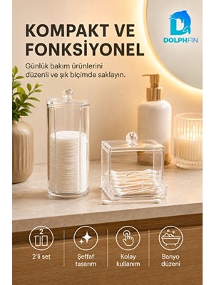 Orvessa Şeffaf Makyaj Seti - Pamuk ve Kulak Çubuğu Saklama Kutuları Makyaj & Takı Organizeri