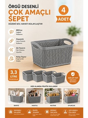 Orvessa Sağlam ve Şık Çok Amaçlı Sepet Seti, 3,3 Litre, 4'lü Paket