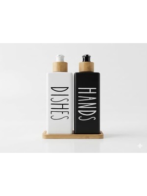 Aesco Premium Mat Siyah & Beyaz Mutfak Sabunluk Seti - Bambu Tepsili 2X450ML Bulaşık Deterjanı ve Sıvı Sabun Pompası (Hands & Dishes)