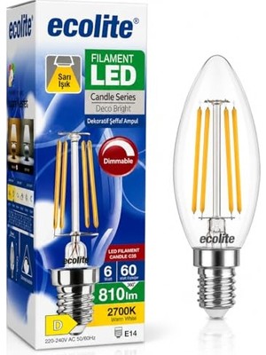 Aesco Ecolite Filament LED Mum Ampul E14 Duy 6W 810 Lümen Dim Edilebilir 2700K Sarı Işık Şeffaf Dekoratif Vintage Ampul 60W Eşdeğer C35 Candle Series (1)          [enerji Sınıfı D]