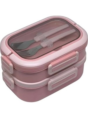 Aesco Bento 1650ML Lunchbox 2 Katlı 3 Bölmeli Paslanmaz Çelik Sefer Tası Yemek Kutusu (Pembe)