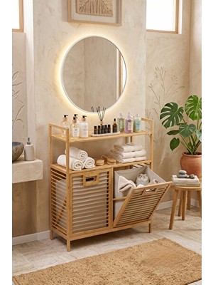 Vaelmont Bambu Banyo Düzenleyici ve Çift Bölmeli Kirli Sepet, Çok Amaçlı Kullanım Çamaşır Sepeti