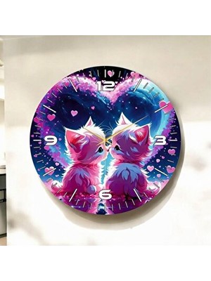 Orvessa Mor Kedi Desenli Yılbaşı Temalı Ahşap Duvar Saati, Sessiz ve Şık Tasarım