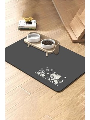 Aesco Çeken Kedi Gri Renk Beslenme Matı Kaymaz Sıvı Geçirmez Kedi Köpek  Paspası 50X70CM