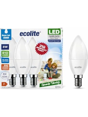 Aesco Ecolite 8 W LED Mum Ampul – E14 Duy, 3'lü Paket, 810 Lümen, 6500K Beyaz Işık, 60W Eşdeğer, Opal Dekoratif Ampul, Dimmerlenemez,%86 Enerji Tasarrufu, 99X37 mm          [enerji Sınıfı F]