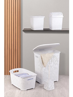 Orvessa Şık Dantel Desenli 5 Parça Banyo Seti, Pratik ve Dekoratif Çamaşır Sepeti
