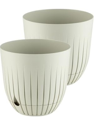 Aesco Çizgi Saksı Plastik Delikli Tabaklı Çiçek Saksısı (2 Adet, Krem, 5 Litre)