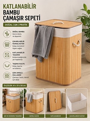 Orvessa Katlanabilir Kare Bambu Çamaşır Sepeti 41X31X50 cm